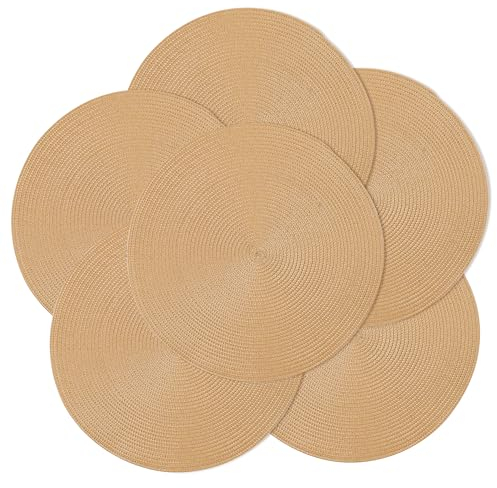 fanquare Set de 6 Sets de Table en Coton, Rond 38cm, Fait à la Main et Lavable, Résistant à la Chaleur et Anti-salissures Sets de Table pour Mariage, Restaurant et Cuisine, Or