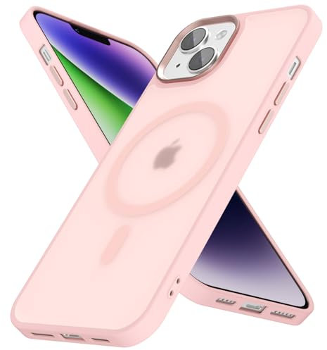 oakxco für iPhone 14 iPhone 13 Hülle mit Magsafe, Durchsichtig Matt Handy Hülle Dünn Induktives Laden Magnetisch Handyhülle Slim, Glatt Klar Hart Plastik & Bumper Bunt Silikon Schutzhülle, Rosa Pink
