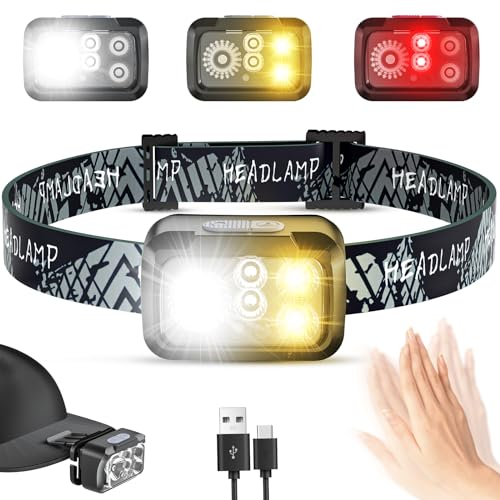 Head Torch Rechargeable, LED Super Bright 2500LM Headtorch, 48H Runtime 6 Modes Lightweight Waterproof Adjustable Headlamp, Eye Caring Reading Light, Sensor Motion Headlight for Camping Hiking Running