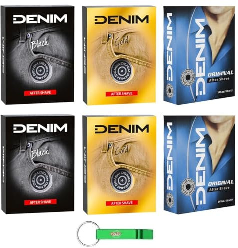 6x DENIM After Shave Testpaket Original + Black + Gold - Perfekt für die frische Haut, 100ml + Beni Culinari Kostenloser Schlüsselanhänger