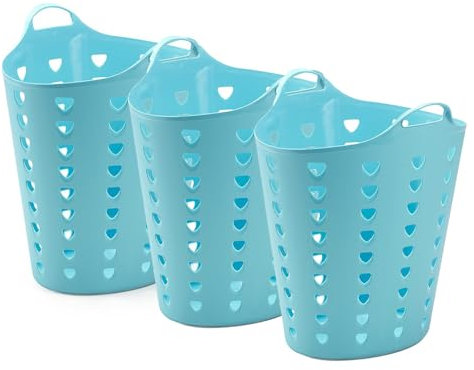 Kreher® flexibler Wäschekorb, Mehrzweckkorb, gelocht in Pink oder Blau. Mit Griffen und Nutzvolumen von ca. 65 Liter pro Korb. (Set und Farbe wählbar) (3er Set Blau)