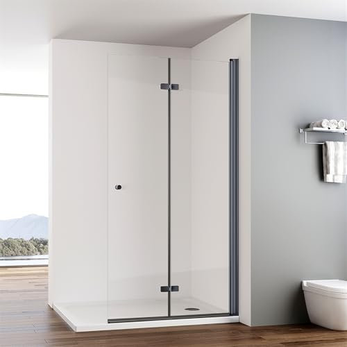 IMPTS walk in Dusche 90x185 cm Schwarz Duschwand Glas Duschabtrennung 2-teilig Faltbar Duschkabine Rahmenlos 6mm ESG Sicherheitsglas