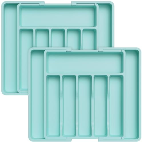 Lifewit 2er-Set Besteckkasten für Schubladen 40 50, Kunststoff Besteckeinsatz (Tiefe 38 cm), erweiterbare Besteckschublade Einsatz, Schubladen Organizer Küche für Besteck, Cutlery, Geschirr, Türkis