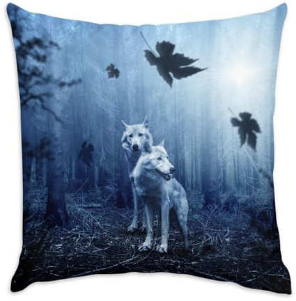 Fabulous Coussin en Velours Blanc - Couple de Loup Foret Sombre Animaux Sauvages Nature - 40 x 40 cm - Toucher Velours - Housse et Coussin Inclus