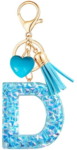 Vorysum Bleu Porte-clés pour fille porte Cœur clef avec lettre porte-clés fille initiale cadeau femmes gland or porte clé-D