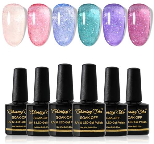 Shining She Gel Nail Polish Jelly, 6 Color Nude Pink Blue Green Purple Sheer Shimmery Nail Polish Translucent Nail Polish Soak-Off UV/LED Nail Polish Gel Gift for Nail Art Salon DIY Home, 8ML