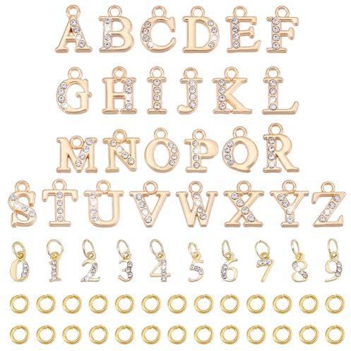 PH PandaHall Dangle Nail Piercing Charms 26pcs Dangle Letter Nail Charms 20pcs Number Nail Charms, Gold Rhinestone Charms for Nails with 30pcs Jump Rings for Birthday Nail Art Decoration