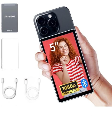 Shimbol CP5 Lite, 5’’ Phone Vlog Selfie Monitor Screen, 1080P Wireless Recording, Using Rear Phone Selfie Mirror to Do HD Selfie Live Streaming on TikTok(Compatible with iPhone,White Case)