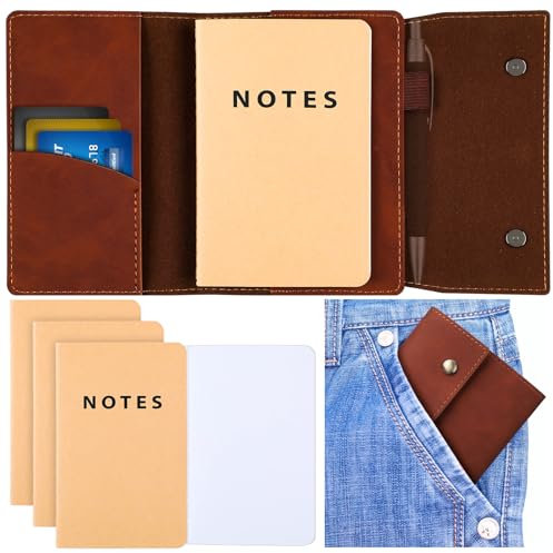 Frienda 4 Pack Pocket Blank Notebook Leather Journal Cover Set 3.5 x 5.5 Small Kraft Memo Books Mini Leather Notes Cover for to Do Lists Journalist Writer Travel