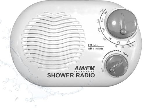 Ken-Tech Radio de Douche - Comprend Une Sangle de Transport ou de Suspension. Design Portable Parfait pour la Salle de Bain, la Cuisine et l'extérieur. Haut-Parleur intégré, Radio à Piles