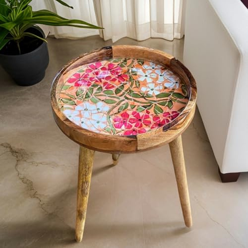 Hartsmede Handmade Marrakesh Side Table – 13 Round Wooden Top, 22 Detachable Mango Wood Legs, Boho Accent Table for Living Room, Bedroom, Small Spaces, End Table, Coffee Table, Nightstand (Mosaic)