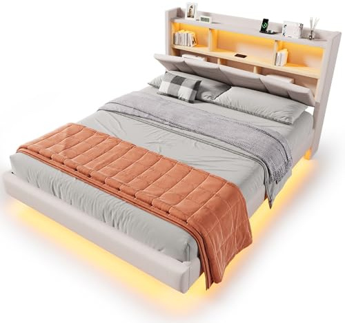SOFTWEARY Prinzessinbett mit LED-Beleuchtung, Kopfteil höhenverstellbar, Mädchenbett, Polsterbett für Mädchen, Doppelbett, Kunstleder (weiß, 140x200 cm)