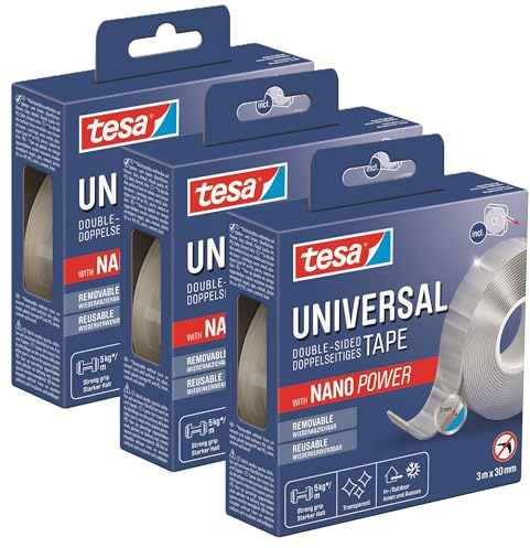 tesa Universal Nano Tape - transparentes, doppelseitiges Klebeband - leicht wiederablösbar und wiederverwendbar - wetterfest, für In- und Outdoor - 3 m x 30 mm (3er Pack)