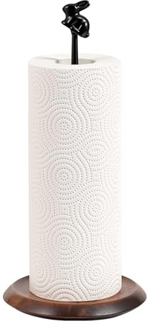 Rustic Wooden Paper Towel Holder Stand | Black Cast Iron Bunny Decor | Freestanding Kitchen Roll Holder for Countertop, Unique Easter Gift