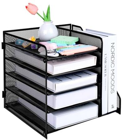 EasyOFC Desk Organiser File Holder,5-Tier Paper Letter Tray Organiser,Mesh Desktop Storage with Magazine Holder for Office Supplies (Black)