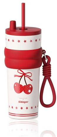 Sidagar 24 oz Insulated Tumbler witn Lid and Straw, Stainless Steel Reusable Leak Proof Water Bottle, Travel Portable Coffee Mug for Hot and Cold, Thermal Cup for Women, Cherry White