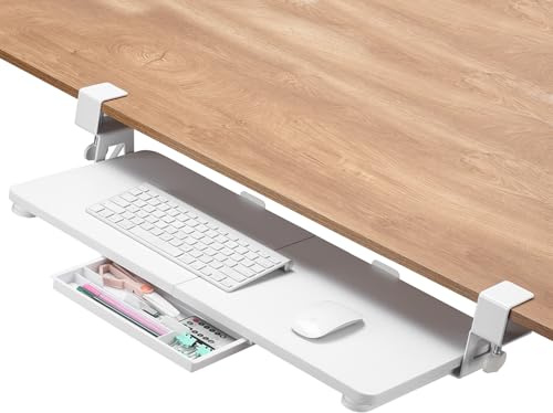 ETHU Tastaturablage, 68 x 30 cm große Tastaturablage unter dem Schreibtisch mit C-Klemmhalterung, Computer-Tastaturständer, ergonomische Tastaturablage zum Tippen, Zuhause und Büro (Weiß)