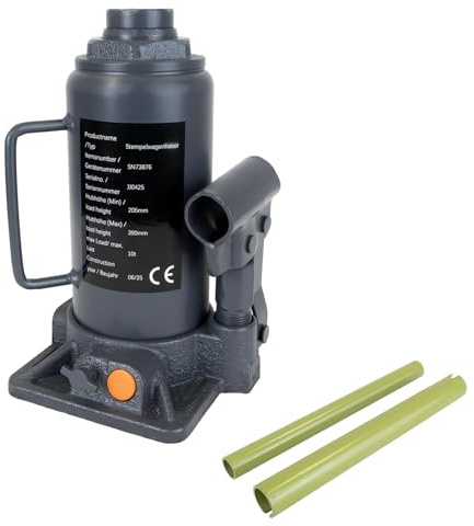 TRUTZHOLM Hydraulischer Stempelwagenheber 10 Tonnen, Flaschenwagenheber mit 205 mm - 390 mm Hubhöhe, kompakte Bauform kraftsparender Pumphebel robuster Stahl Grau (Traglast 10 t, 12x12x20,3cm)