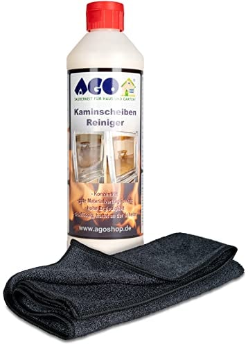 AGO® Kaminscheibenreiniger inkl. Microfasertuch I Hochwirksamer Entrußer & Glasreiniger für Kamin Backofen Grill uvm mit natürlichen Inhaltsstoffen - ohne giftige Dämpfe I Rußentferner 500 ml