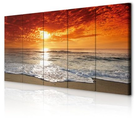 decomonkey Bilder Meer Strand 225x90 cm XXL 5 teilig Leinwandbilder Sonne | Strukturleinwand, Holzkeilrahmen, Bild auf Leinwand, Wandbild, Kunstdruck, Wanddeko, Wohnzimmer, Wanddekoration, See, Himmel