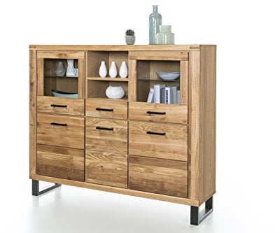Tina Highboard Vitrine in Wildeiche geölt Teilmassiv Breite 158cm Höhe 140cm