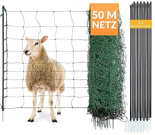 Agrarzone® Schafnetz Schafzaun mit Strom [Grün - 50mx90cm] - Weidezaun Elektro Netz - Mit Doppelspitze & Pfähle - Schutzzaun für Schaf Ziege Lämmer - Elektro Zaun Geflügelzaun Ziegenzaun Schafzäune