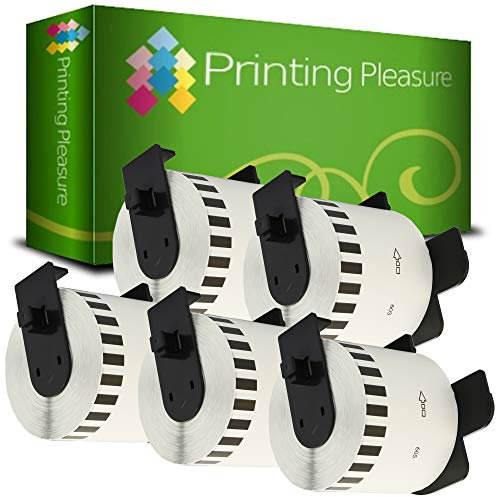 5 x DK44605 Endlos-Etiketten mit Kunststoffhalter kompatibel für Brother P-Touch QL-500 500BS 550 560 560VP 570 700 710W 720NW 800 810W 1050 1060N 1100 1110NWB 62mm x 30.48m Gelb, wiederablösbar
