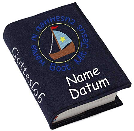 Gotteslob Gotteslobhülle Hülle Mit Jesus zusammen in einem Boot Filz Namen bestickt Einband Umschlag personalisierte Gesangbuchhülle, Farbe:navy
