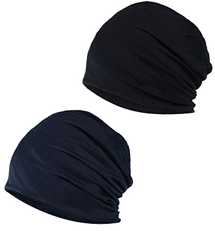 YOFASEN Slouchy Beanie Mütze - Chemo Cancer Kopfbedeckung aus Baumwolle Schlafmütze Turban Kopfbedeckung Strecken Muslimisches Kopftuch für Frauen Männer(2er Pack), Schwarz + Marineblau, One size
