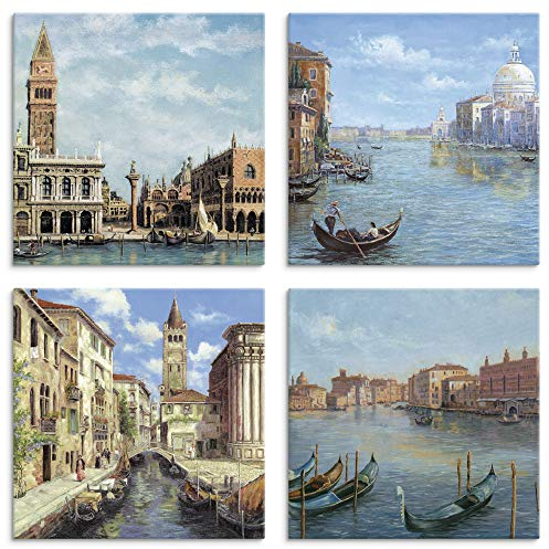 ARTLAND Wanddeko Leinwand Bilder Set 4tlg. je 30x30 cm Quadratisch Wandbilder Italien Venedig Stadt Gebäude Boot Fluss Klassisch Kunst Malerei U1NZ