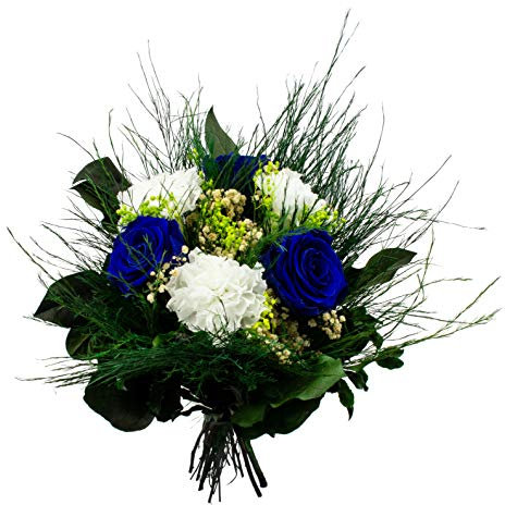 Pure Difference - Vero bouquet di rose Infinity con 3 rose blu e 3 garofani bianchi, erba di velo e verde legale conservato – Eternity mazzo di fiori realizzato a mano con amore