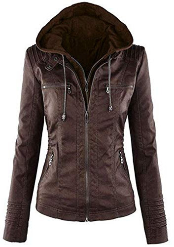 Newbestyle - Chaqueta de piel para mujer, con cremallera, con capucha, corta, marrón oscuro, XL