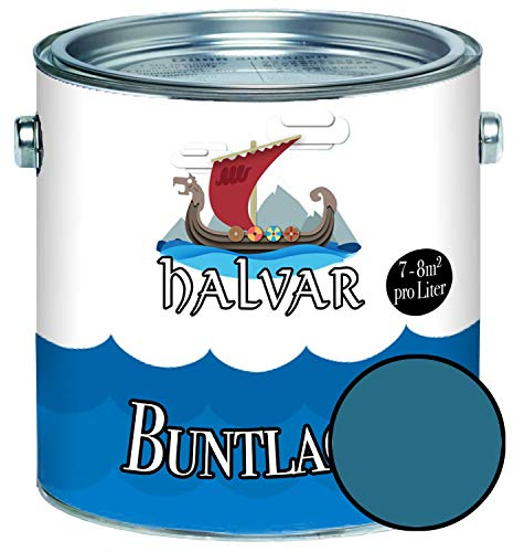 Halvar Buntlack für Holz & Metall SEIDENMATT Blau RAL 5000-5024 Holzfarbe Holzlack Innen & Außen robuster Kunstharzlack Wetterbeständig & perfekter Langzeitschutz (1 L, RAL 5009 Azurblau)