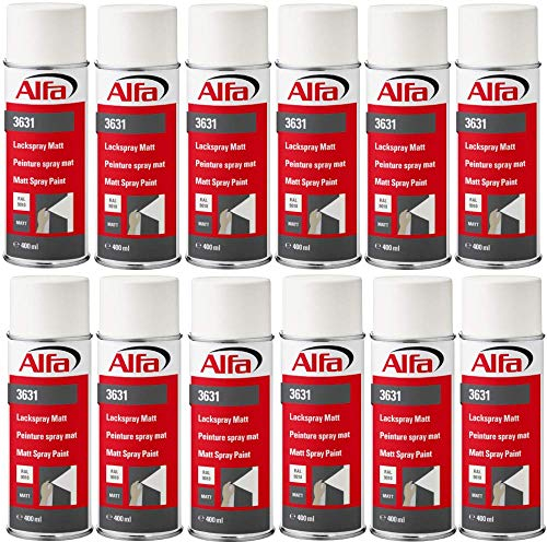 Alfa Sprühlack RAL 9010 Reinweiß 12 x 400 ml Matt für innen und außen - Lackieren und Dekorieren, hohe Deckkraft Farbspray, Sprühdose, Made in Germany
