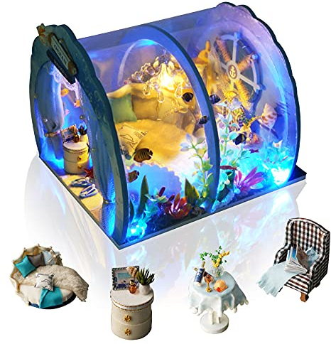 Cuteefun Maison de l'Océan Miniature a Construire DIY Maison Poupee Miniature Bois en Kit avec Meubles et Outils, Cadeau de Bricolage Artisanal, Les Mots de la Mer