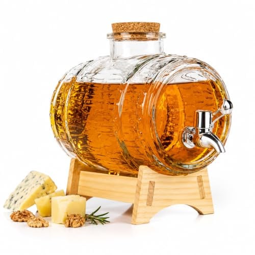 Getränkespender Fass mit Zapfhahn (2L) - Fassförmiger Getränkespender Aus Glas - Schnapsspender Für Wein und Whisky - Schnaps Spender mit Holzständer - Wasserspender mit Hahn