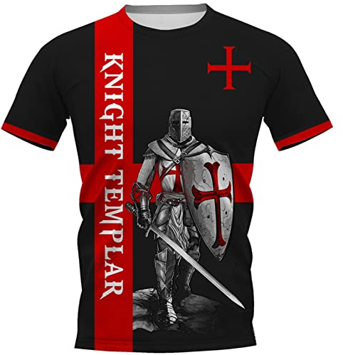 Knights Templar T-Shirt Unisex, Mittelalterliches Kreuzzug T-Shirt Herren Kurzarm Rundhals, Cosplay Kleidung 3D Gedrucktes, Geschenk Für Ihn
