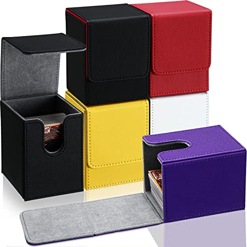 Yookeer 6 Stück Leder-Deck-Kartenboxen, 100+ Kartendeck-Spielbox, magnetische Spielkartendeck, Karten-Aufbewahrungsbox, 100 Plus Karten, kompatibel MTG TCG (weiß, schwarz, rot, gelb, lila, vertikal)