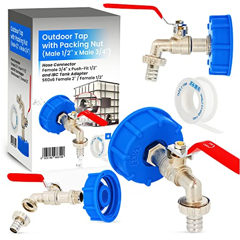 Wasserhahn Zapfhahn Auslaufhahn mit Schlauchanschluss IBC Container Tank Verbinder Adapter Deckel 2 x 1/2 Kugelhahn Kugelauslaufhahn Messing Auslaufventil für Regentonne Regenwassertank
