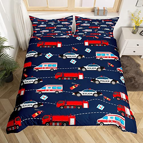 Homemissing Cartoon Car Duvet Cover Set Police Car Decor Comforter Cover Fire Truck Bedding Set Emergency Responder Vehicles Bedspread Cover for Kids Boys Girls Double Size With 2 Pillow Case