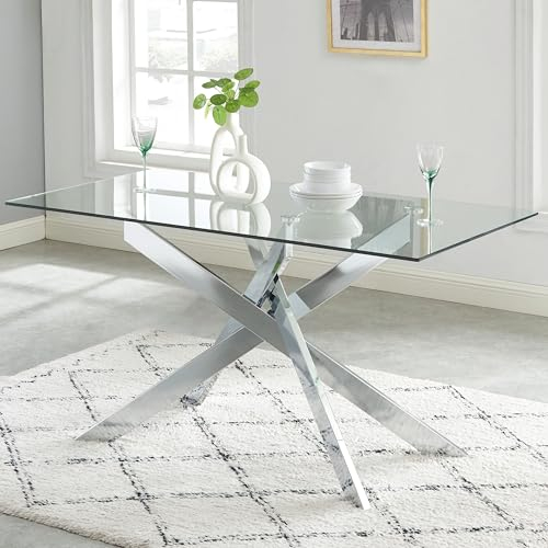 Moderner Esstisch mit Tischplatte aus gehärtetem Glas und Metallrohrbeinen, 147 cm L x 73 cm B x 76 cm H, Silber