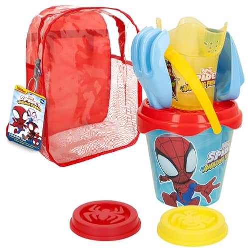ColorBaby 77382 - Marvel Spidey und Sein Superteam Strandset Kinder Strandeimer Set mit Schaufel, Rechen, Gießkanne und Zubehör, Strandrucksack für Kinder, Set Kinderspielzeug