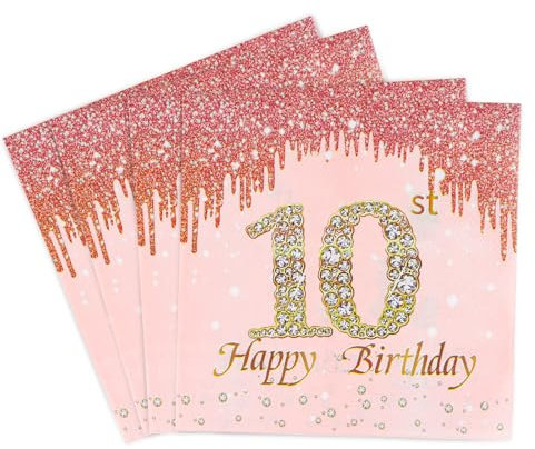 Rose Gold Happy 10th Birthday Napkins, Girls 10th Birthday 20Pcs Party Paper Napkins Disposable,Her 10th Birthday Gifts Party Supplies,Tableware Decorations,Birthday Serviettes Tissue Luncheon Dinner