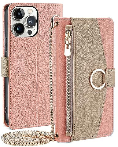 CasurvivePro Custodia a portafoglio per iPhone 15 con tracolla a tracolla, custodia magnetica per borsa con cerniera custodia in pelle PU flip antiurto con cavalletto - rosa