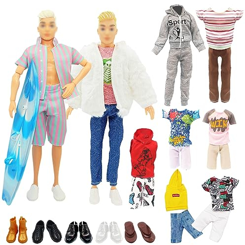 19 Stück Kleidung für Jungen Puppen, 2 Freizeitanzug Kleidung + 1 Winterjacken + 2 Sportbekleidung + 4 Kurze Ärmel + 4 Hose + 5 Schuhen + Surfbrett für 12 Zoll Jungen Puppen