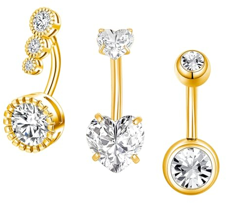 Besyvvin 3er Bauchnabelpiercing 8mm Chirurgenstahl Gold Piercing Bauchnabel Bauchpiercing Damen mit Herz Stein