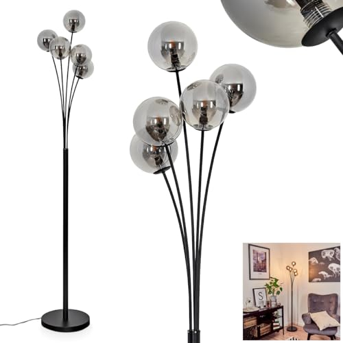 Bernado Lampadaire à intensité variable en métal/verre noir fumé avec boules en verre (Ø 12 cm), hauteur 174,5 cm, intensité variable en continu via interrupteur à pied, 5 ampoules G9, sans ampoule