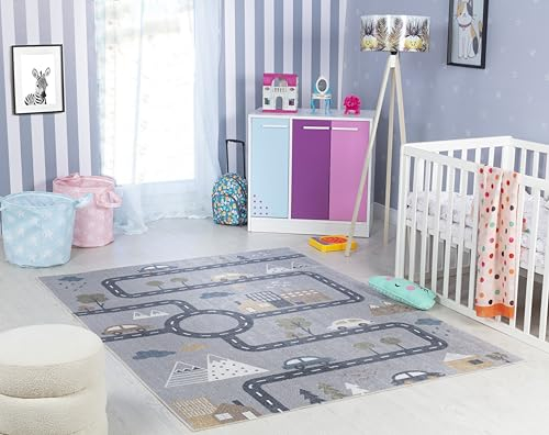 Livabliss Auto-Spielmatte Kinderteppich waschbar - Cartoon Teppich 120x170 cm, Waschbarer Teppich Kinderzimmer oder Babyzimmer, Krabbelteppich, Spielteppich - Baby Teppich für Jungen & Mädchen, Grau