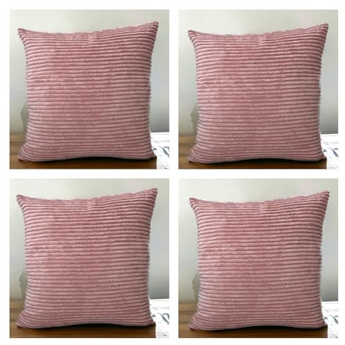 Seechoo Set of 4 - Corduroy Rose Gold Pink Sofa Cushion Covers 45 x 45 cm Decorative Pillows | Soft Ribbed Throw Pillow Covers for Sofa Cushions Couch Bed Living Room Home Decor 18x18