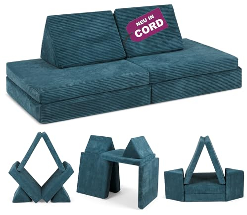 Linodino® Spielsofa Cord - Kindersofa | Schaumstoff Bausteine - Kinder Sofa für einen aufregenden Indoor Spielplatz | XXL Kindercouch als Kuschelecke im Kinderzimmer | Mit Schlaffunktion | Tannengrün